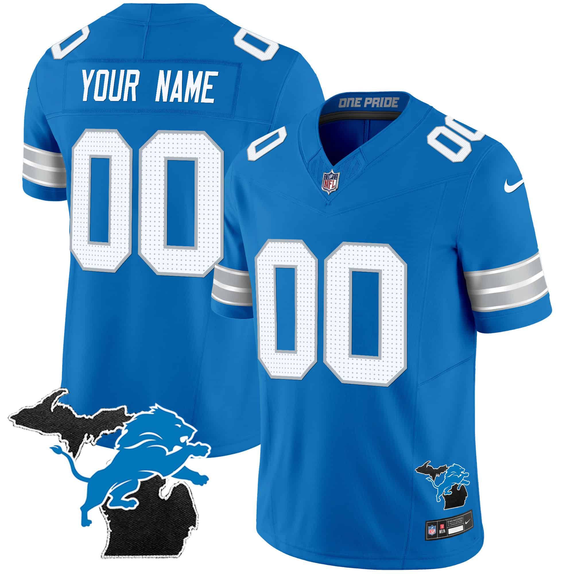 Men Detroit Lions Blue 2024 Nike Michigan Patch Vapor Limited Custom NFL Jersey